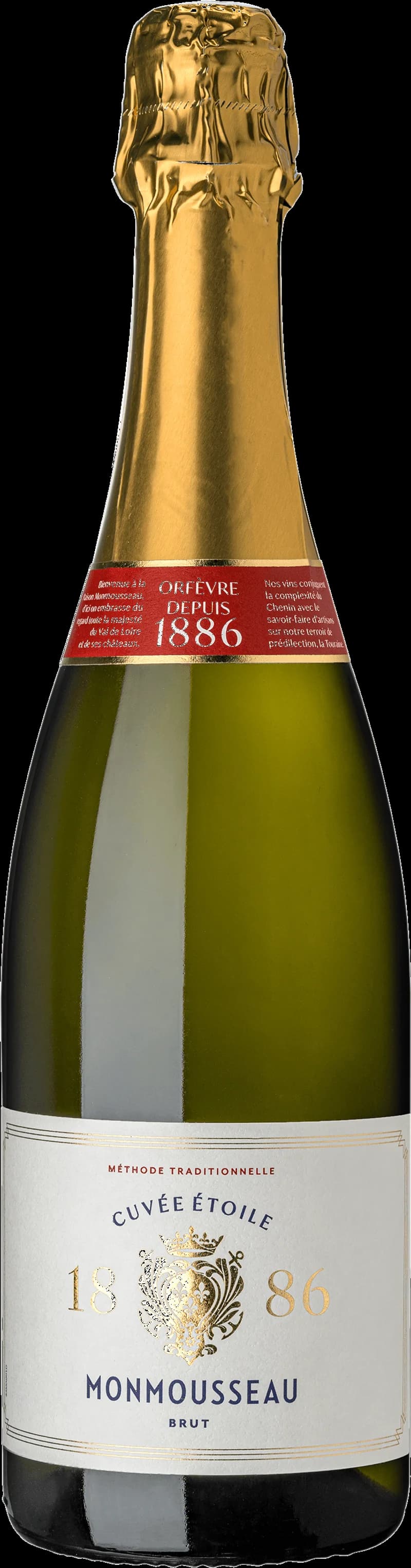 Flaska av Monmousseau mousserande vin på vit bakgrund.