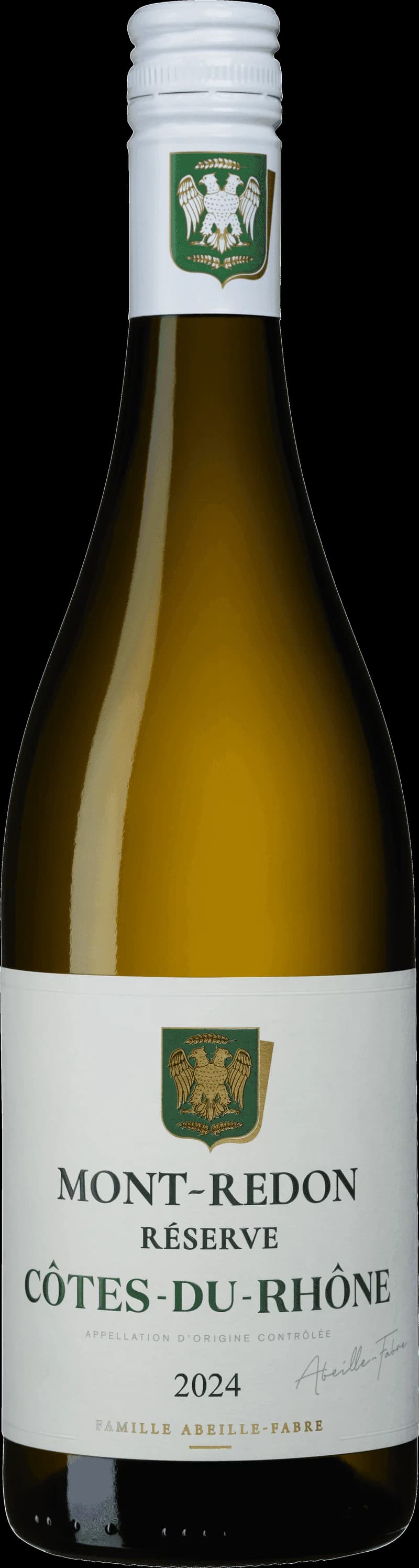 Flaska Mont-Redon vitt vin mot ljus bakgrund