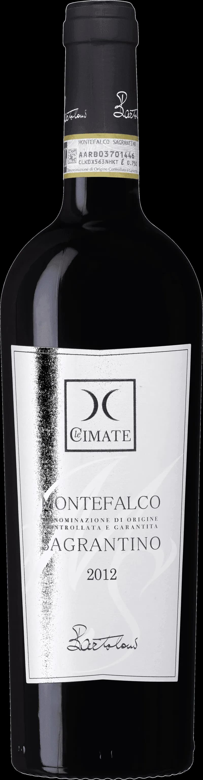 Flaska med Montefalco rött vin mot en mörk bakgrund.