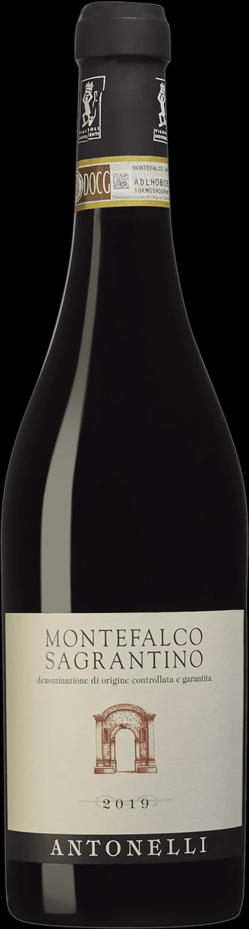 Flaska Montefalco Sagrantino rött vin mot mörk bakgrund