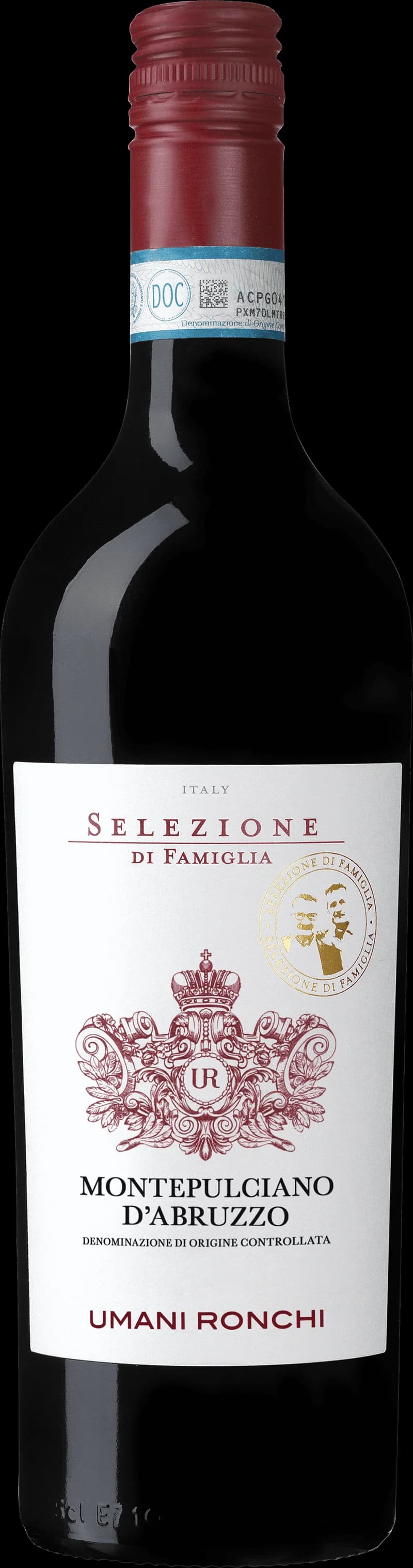 Flaska Montepulciano d'Abruzzo rött vin mot en rustik bakgrund