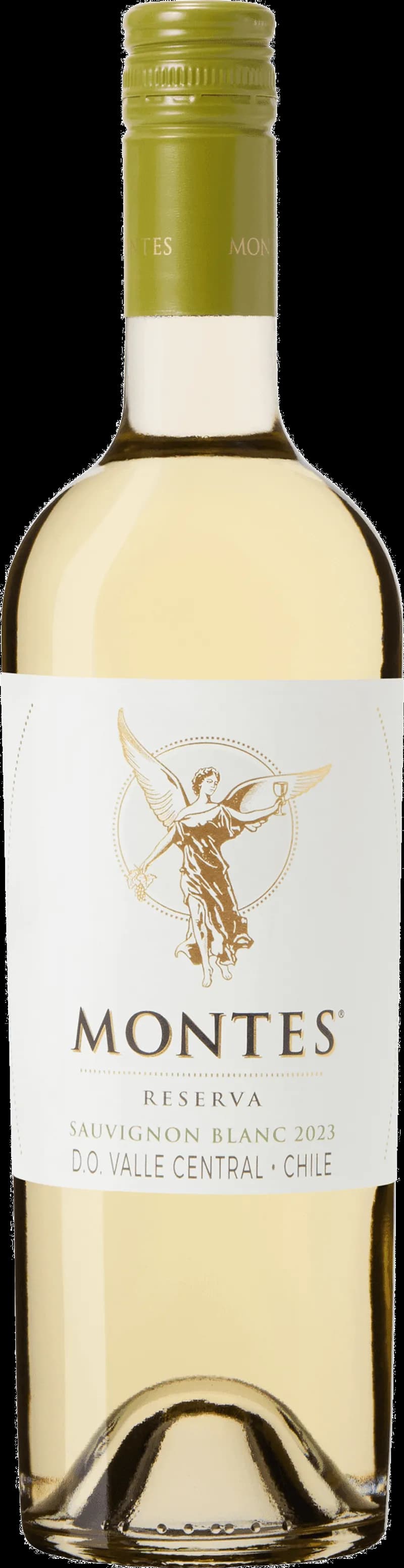 Flaska av Montes Reserva vitt vin mot en neutral bakgrund.
