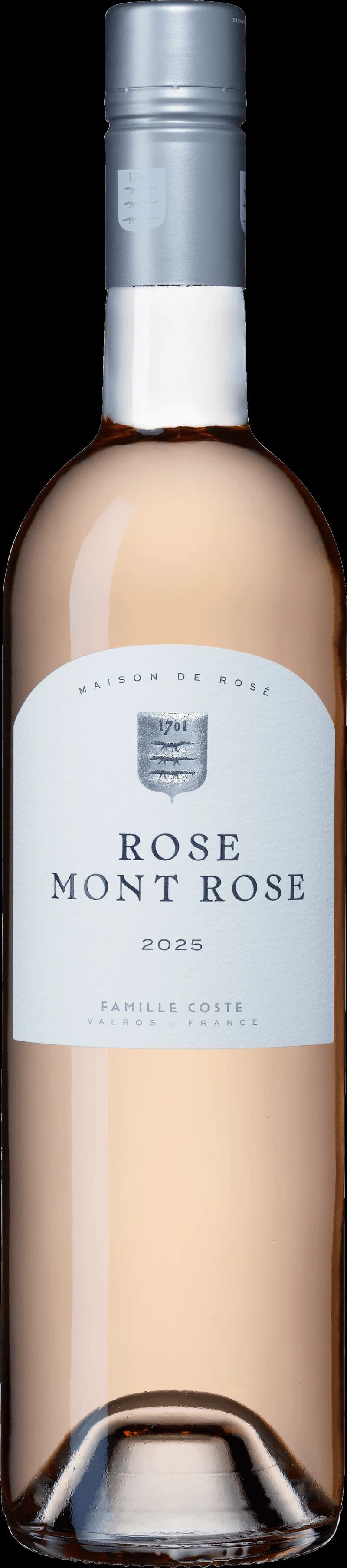 Flaska Montrose rosévin på ett bord med glas i bakgrunden.