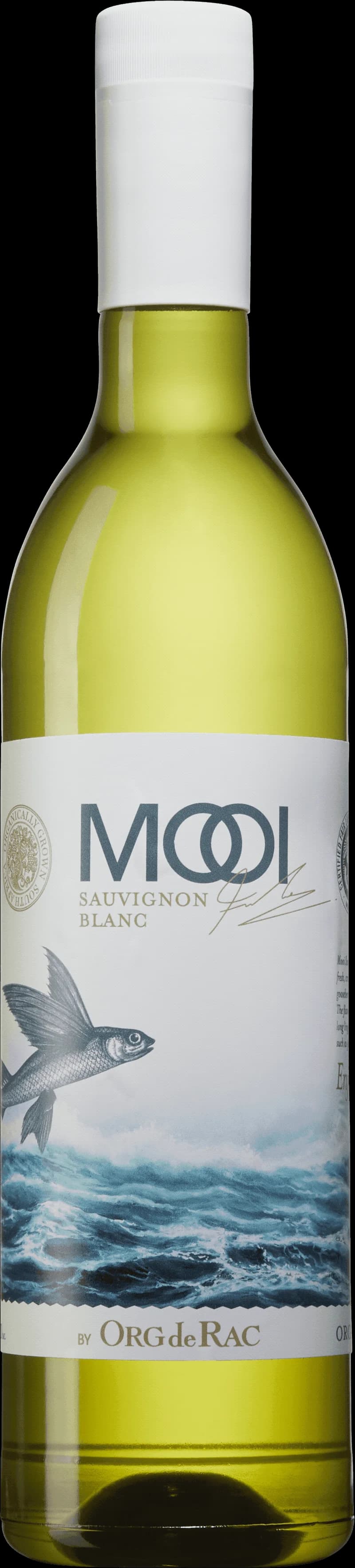 Flaska Mooi by Org de Rac vitt vin på vit bakgrund