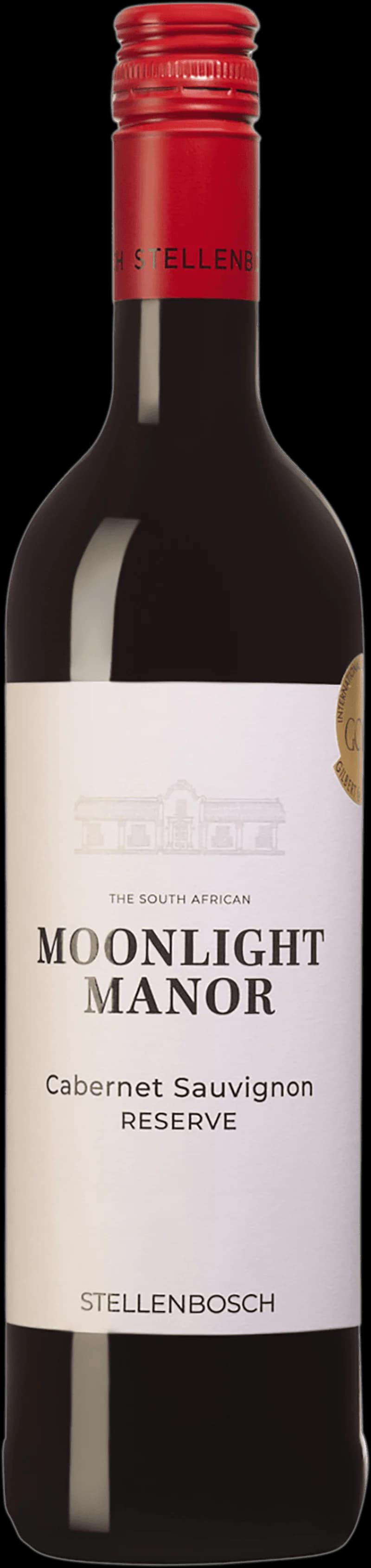 Flaska av Moonlight Manor rött vin mot en mörk bakgrund.