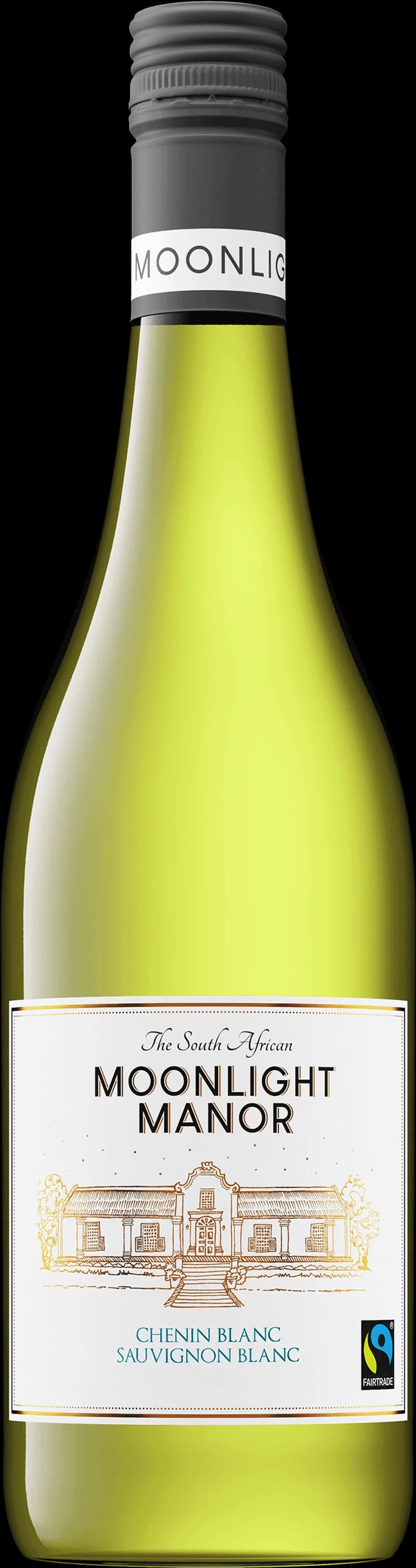 Flaska av Moonlight Manor vitt vin mot en mörk bakgrund
