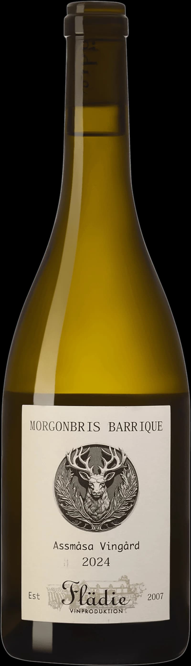 Flaska Morgonbris barrique vitt vin mot ljus bakgrund