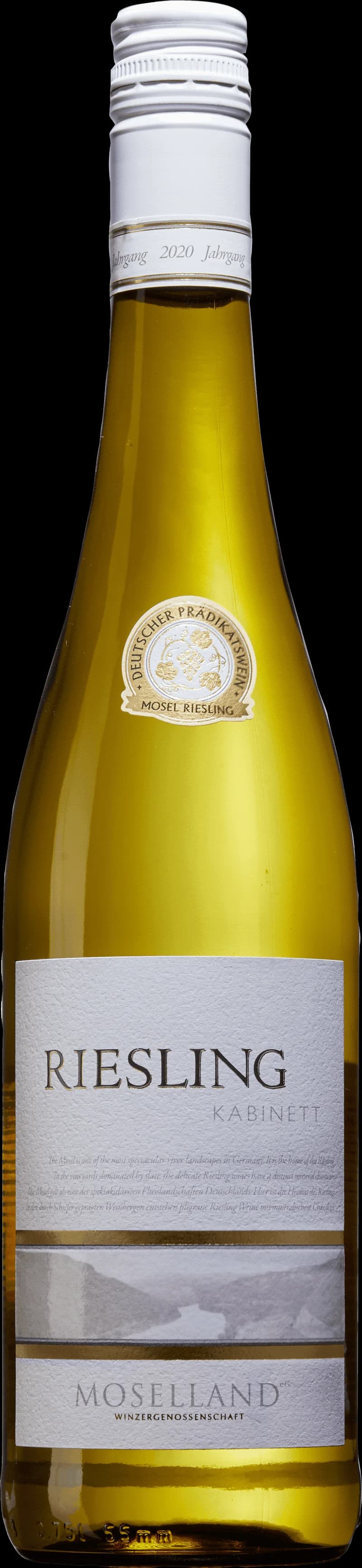 Flaska av Moselland vitt vin mot en neutral bakgrund.