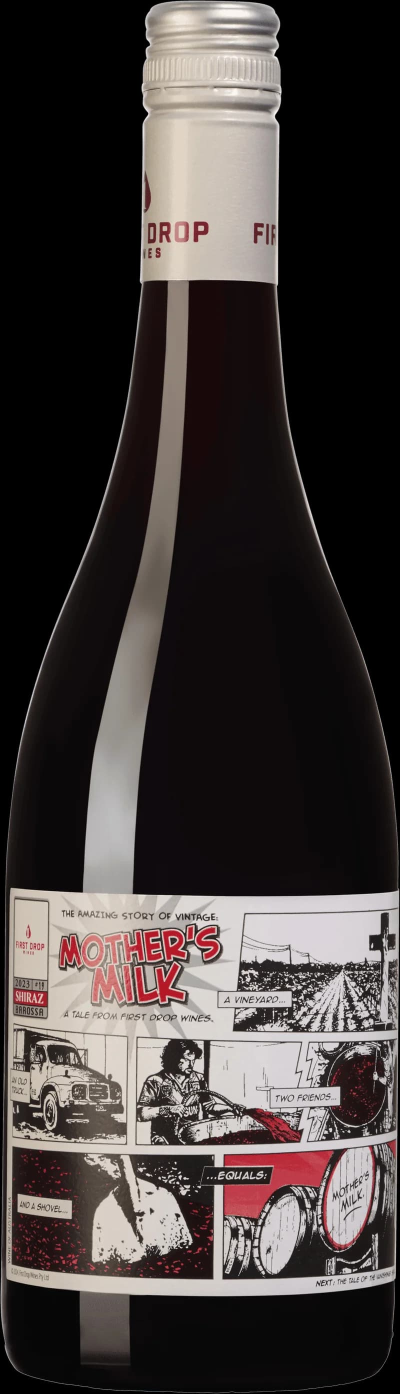 Flaska av rött vin Mother's Milk Shiraz på vit bakgrund