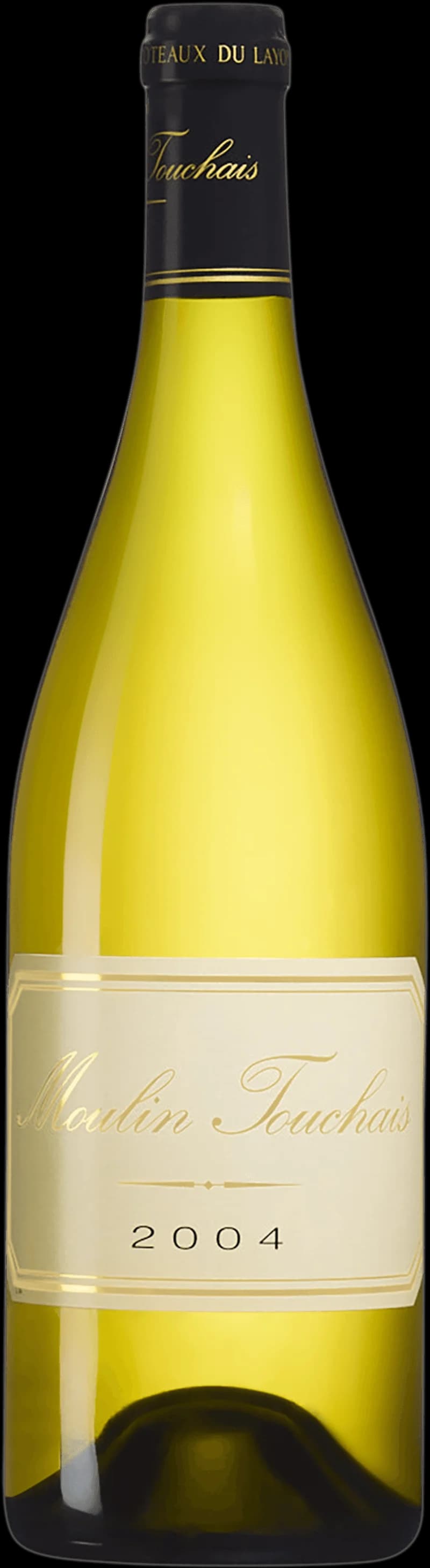 Flaska Moulin Touchais vitt vin mot ljus bakgrund