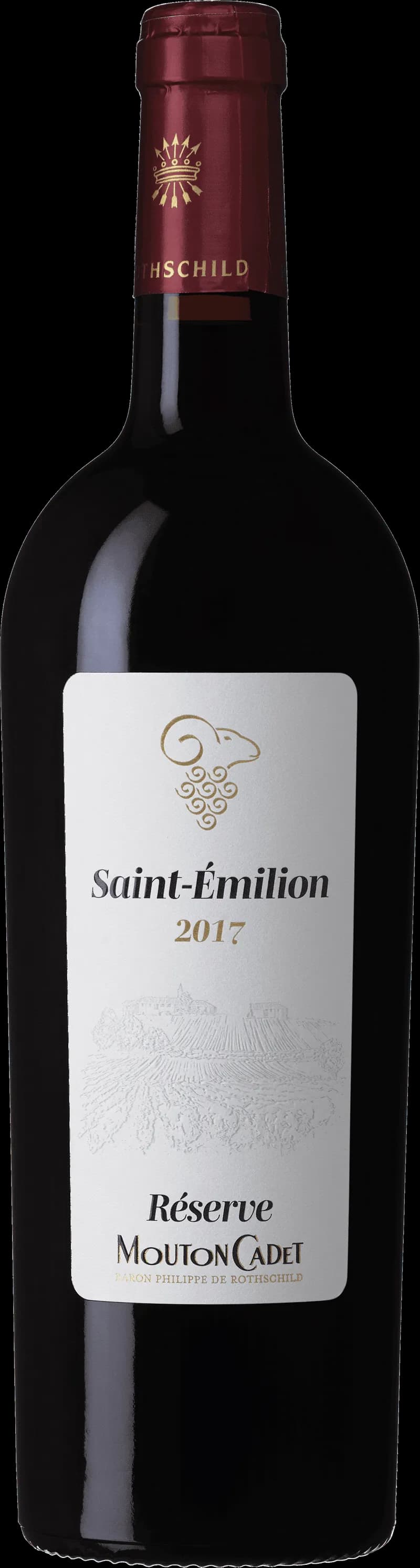 Flaska av Mouton Cadet rött vin mot neutral bakgrund.