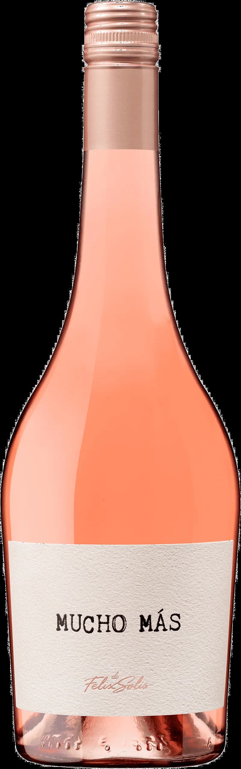 Flaska med Mucho Más rosévin mot ljus bakgrund.