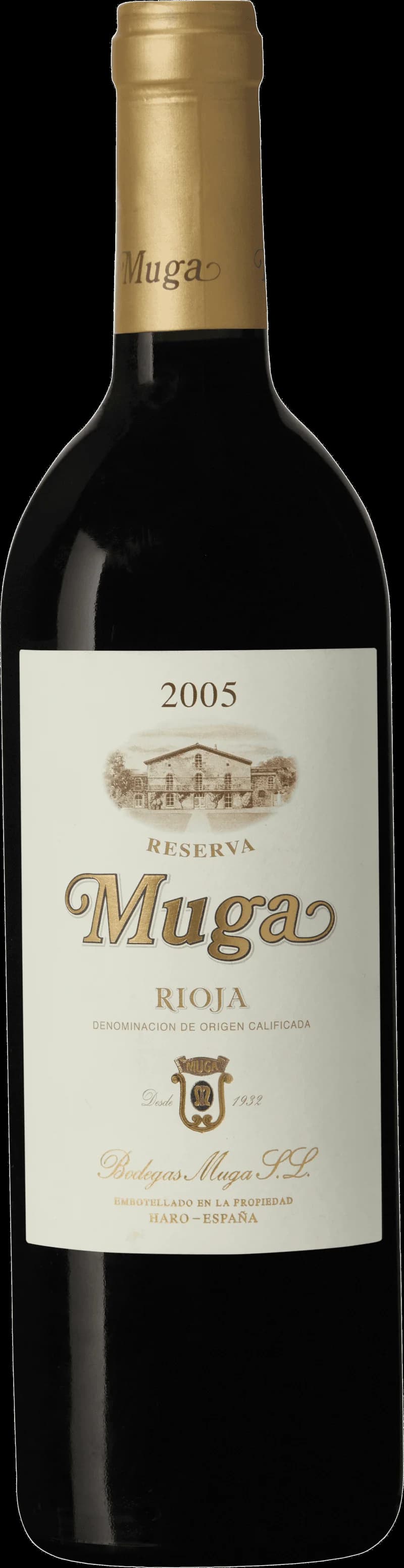 Flaska av Muga Reserva rött vin från Rioja, Spanien.