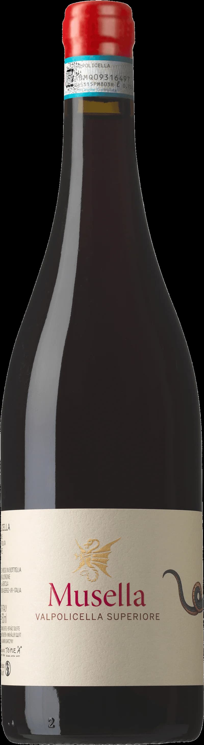 Flaska med Musella rött vin mot mörk bakgrund