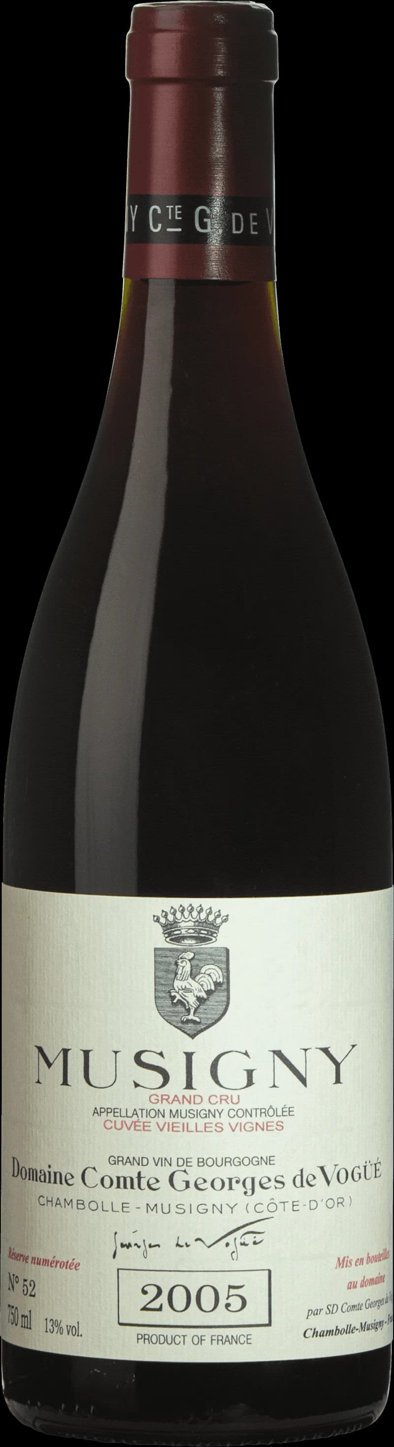 Flaska Musigny Vieilles Vignes Grand Cru rött vin mot mörk bakgrund