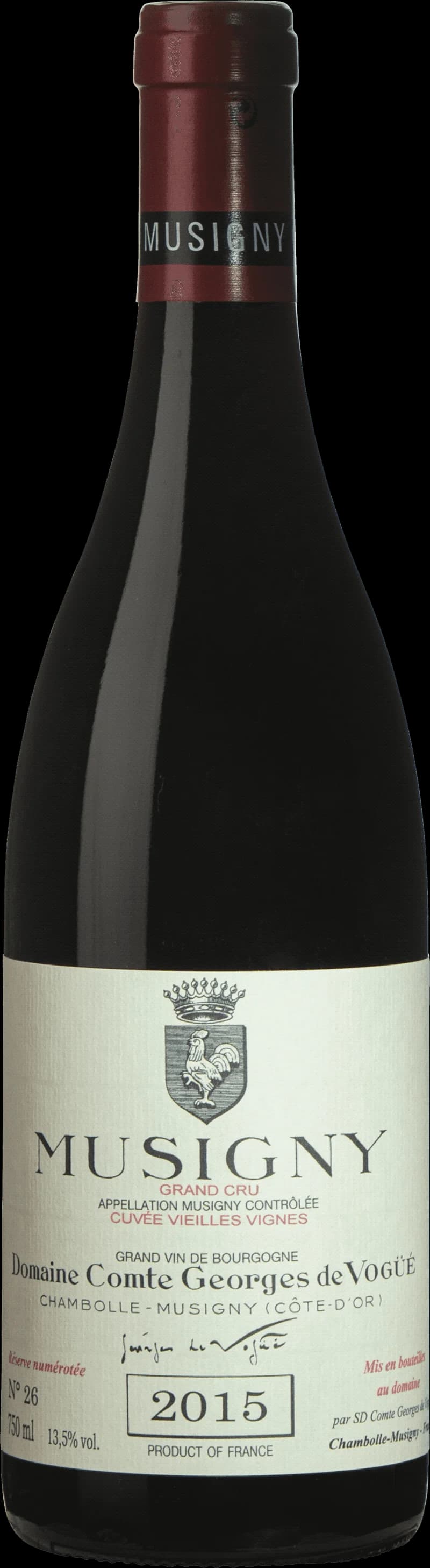 Flaska av Musigny Vieilles Vignes Grand Cru rött vin från Bourgogne