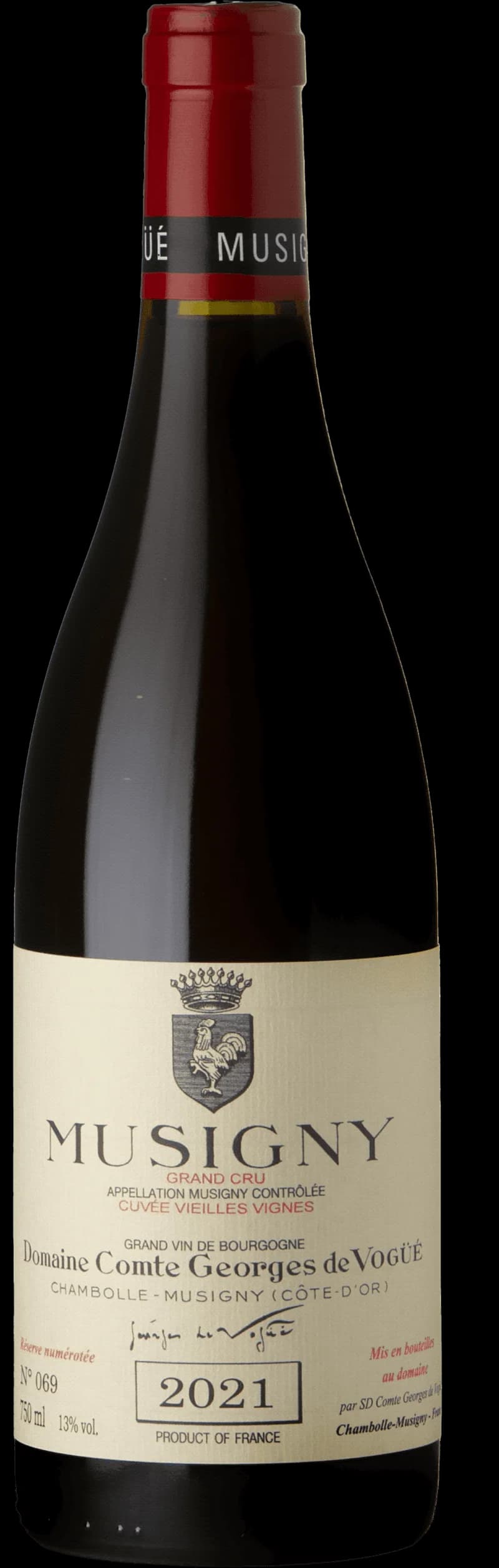 Flaska av Musigny Vieilles Vignes Grand Cru rött vin från Bourgogne
