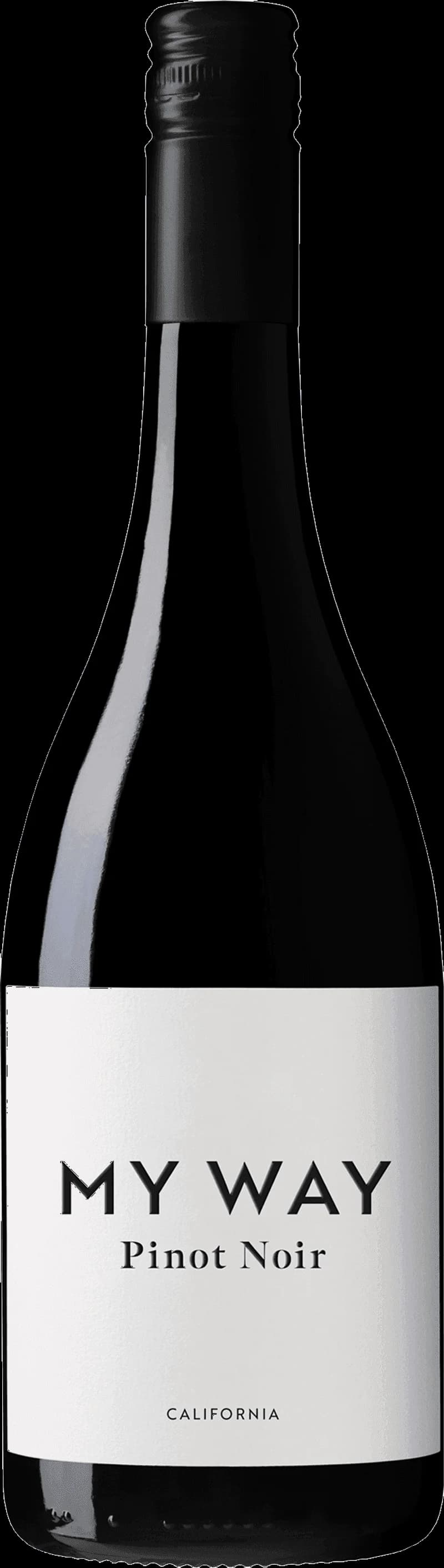 Flaska av My Way rött vin mot en mörk bakgrund.