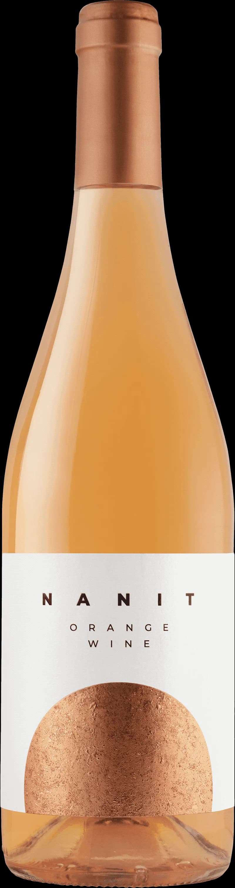 Etikett på Nanit orange vitt vin med orange etikett och text.