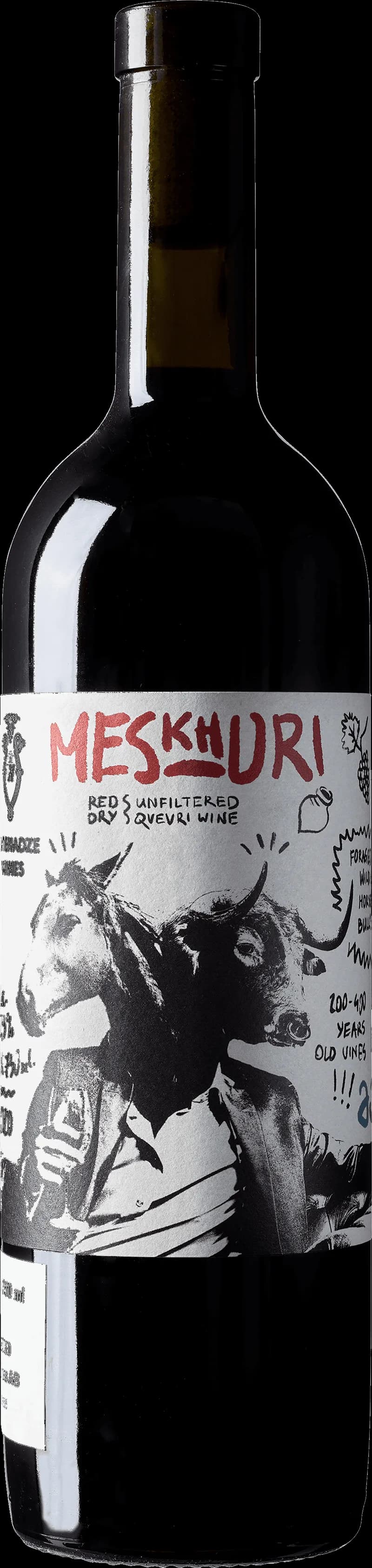 Flaska med Natenadze Meskhuri rött vin mot neutral bakgrund.