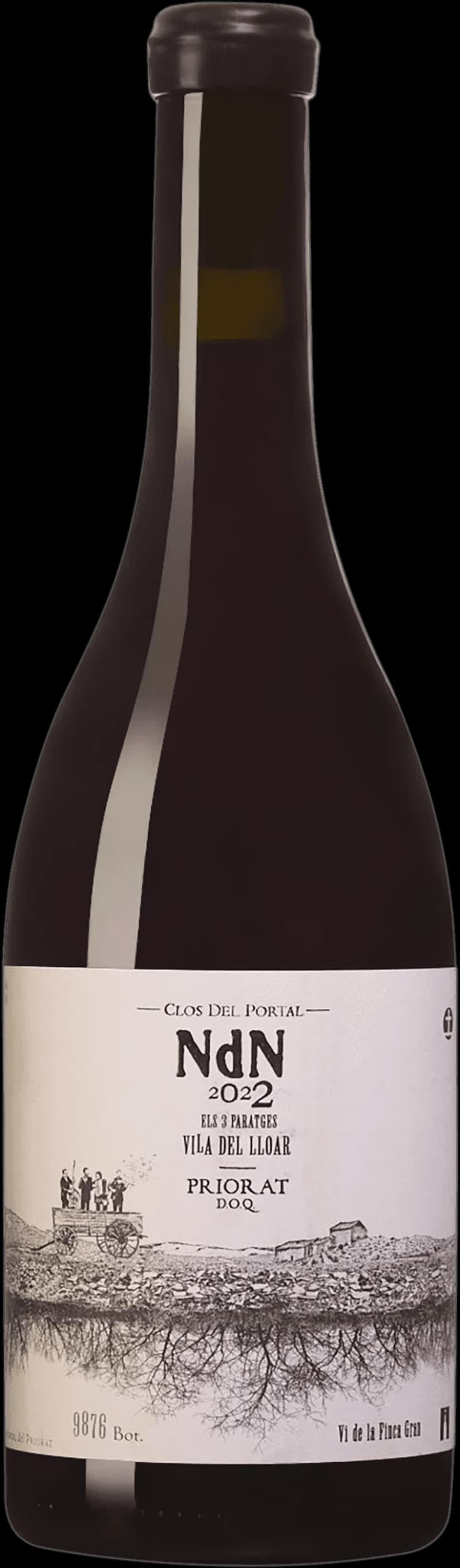 Flaska och glas med Negre de Negres rött vin från Spanien.