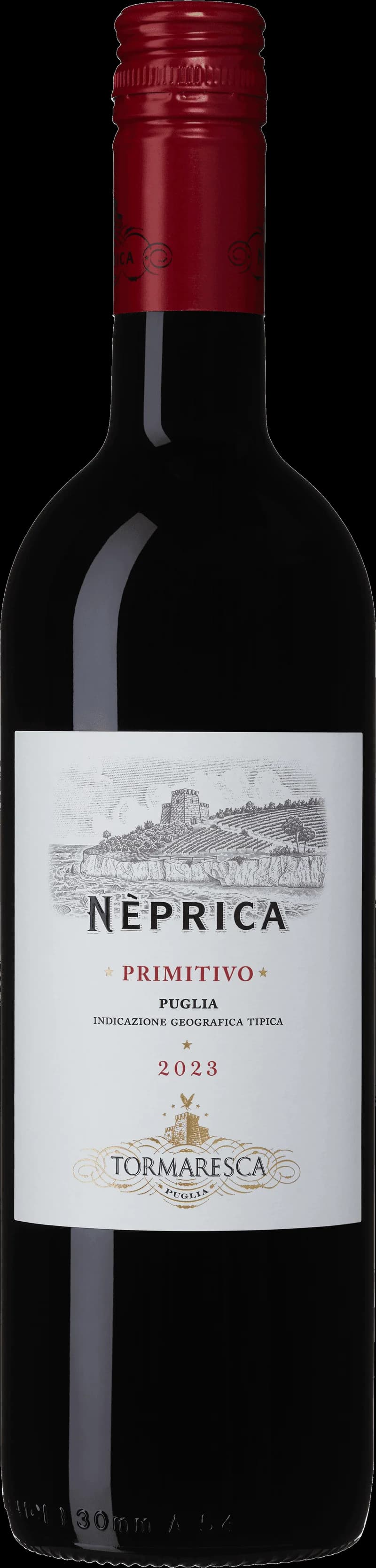 Flaska med Neprica rött vin mot en neutral bakgrund.
