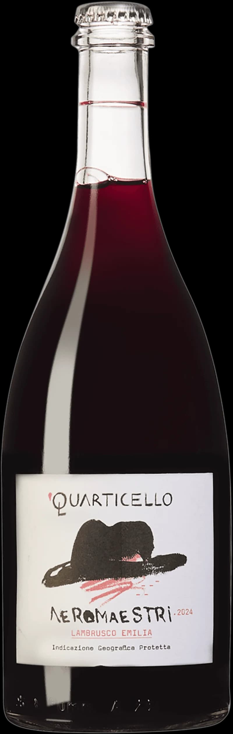 Flaska av rött vin Nero Maestri mot en mörk bakgrund.