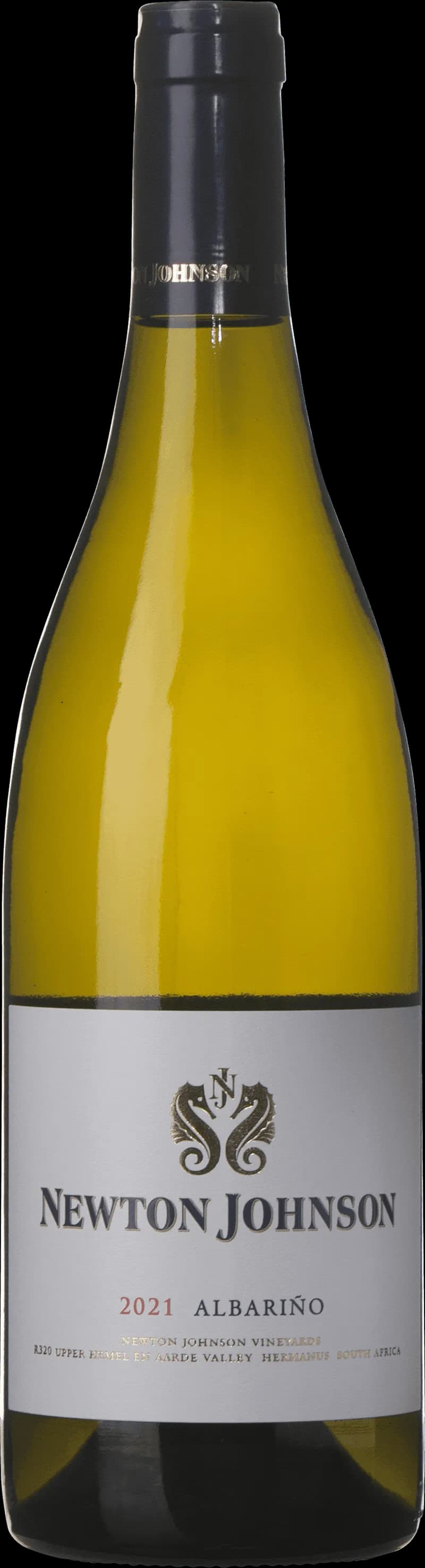 Flaska och glas med vitt vin från Newton Johnson vingård.