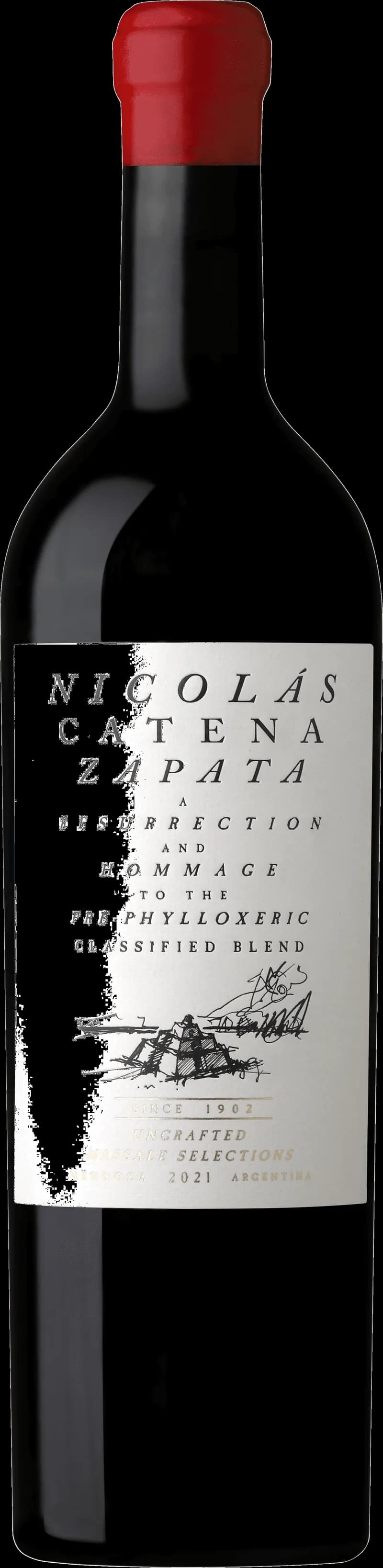 Flaska av Nicolás Catena Zapata rött vin mot neutral bakgrund.