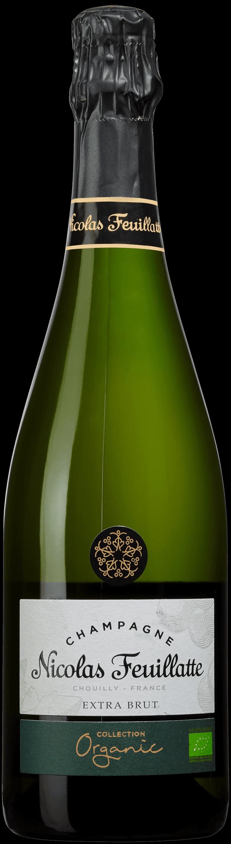 Flaska Nicolas Feuillatte mousserande vin mot ljus bakgrund