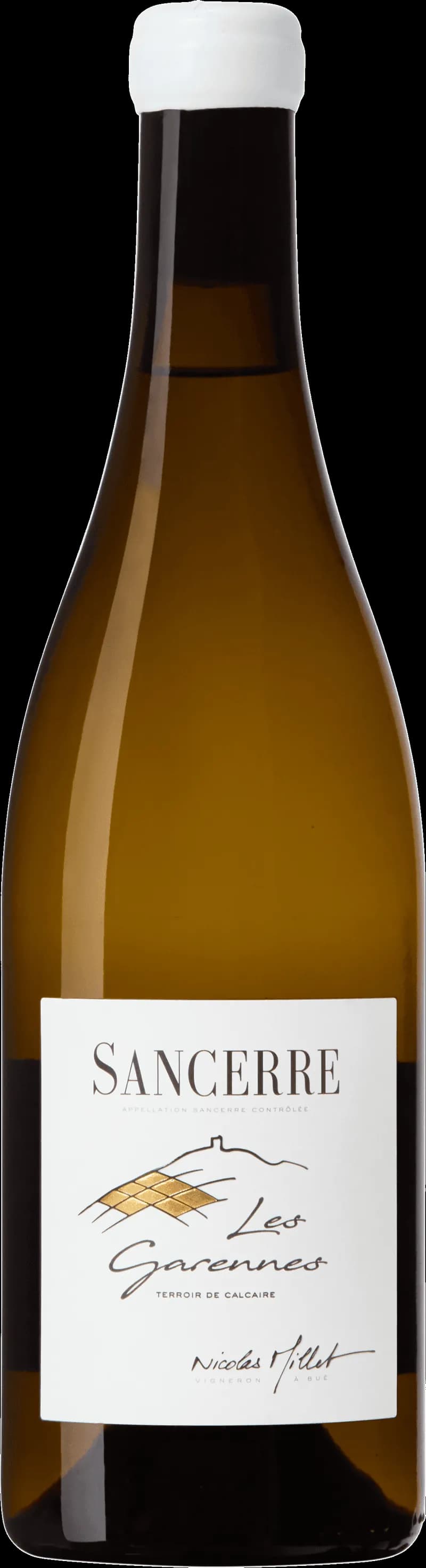 Nicolas Millet vitt vin i ett vinglas mot en ljus bakgrund