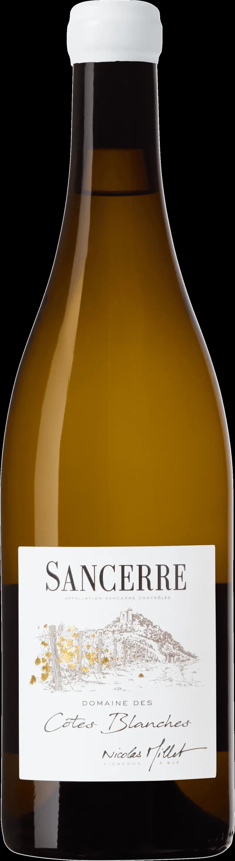 Nicolas Millet vitt vin i ett glas mot en mörk bakgrund.