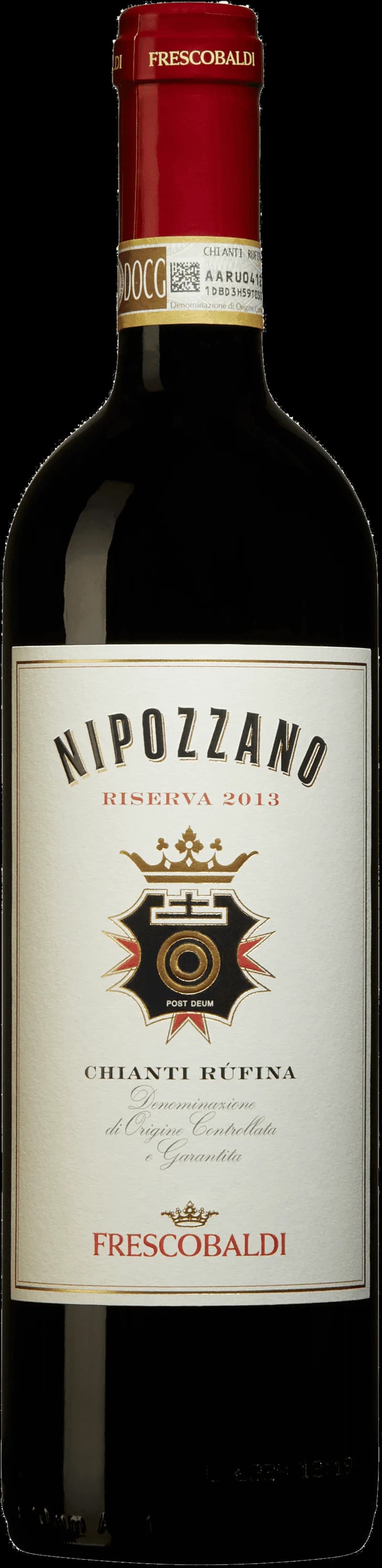 Flaska av Nipozzano Chianti Rüfina rött vin mot ljus bakgrund.