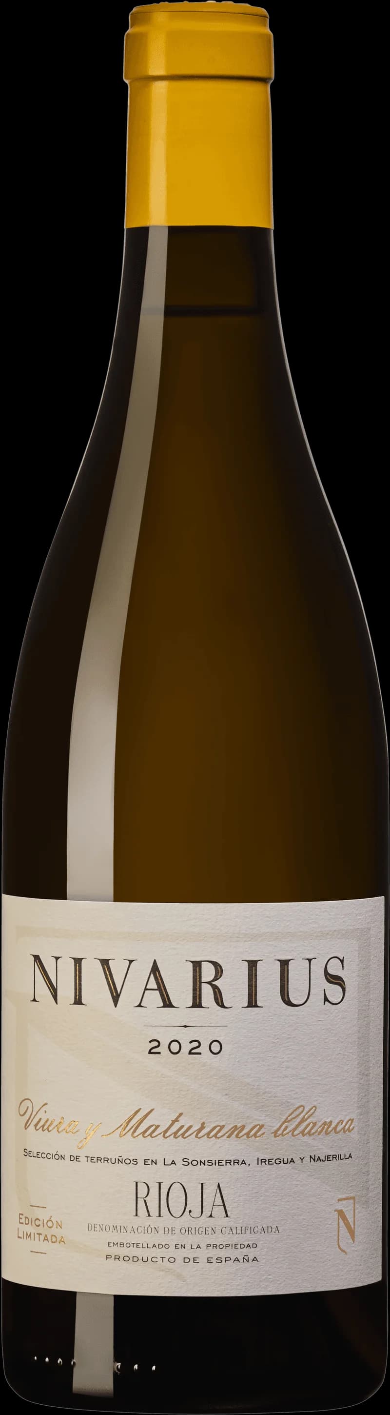 Flaska av Nivarius vitt vin mot ljus bakgrund