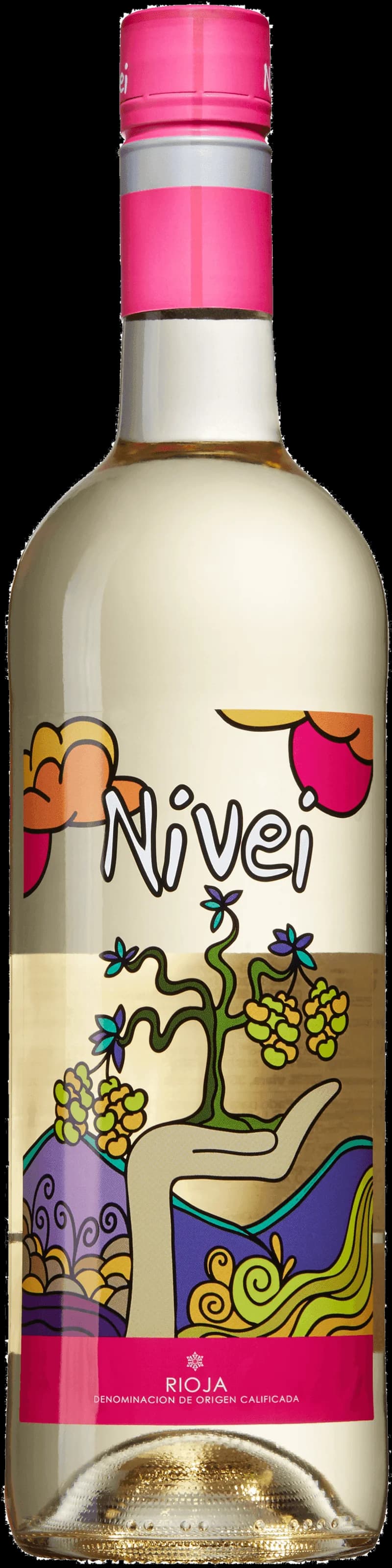 Flaska med Nivei Blanco vitt vin på en ljus bakgrund.