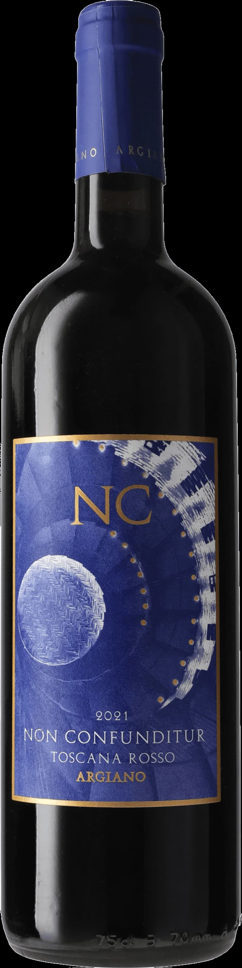 Etikett på Non Confunditur rött vin mot mörk bakgrund.