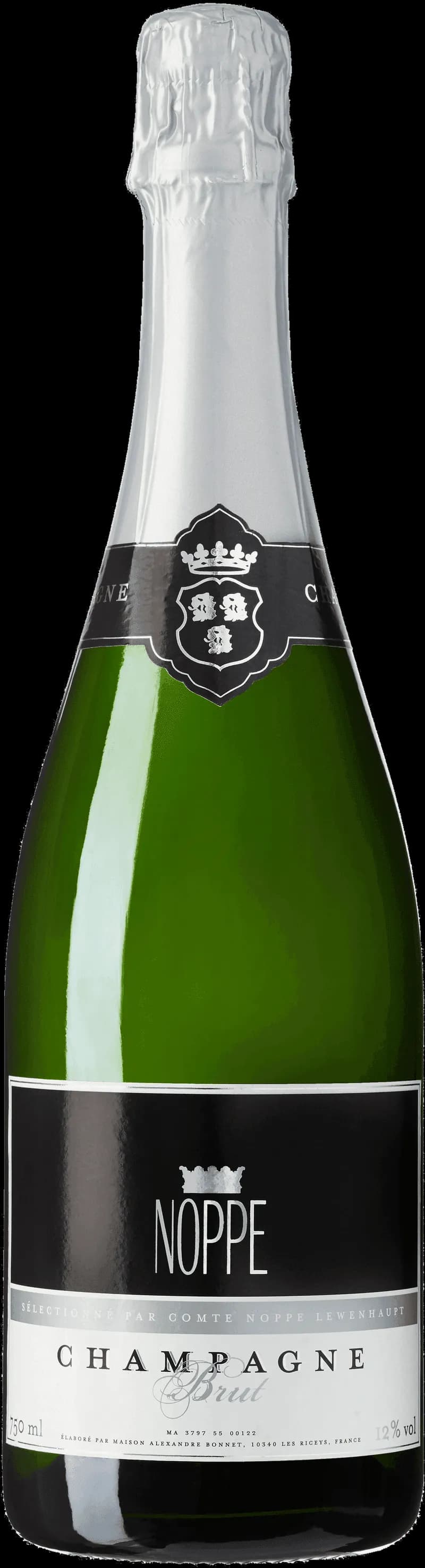 Flaska av Noppe Brut mousserande vin mot ljus bakgrund.