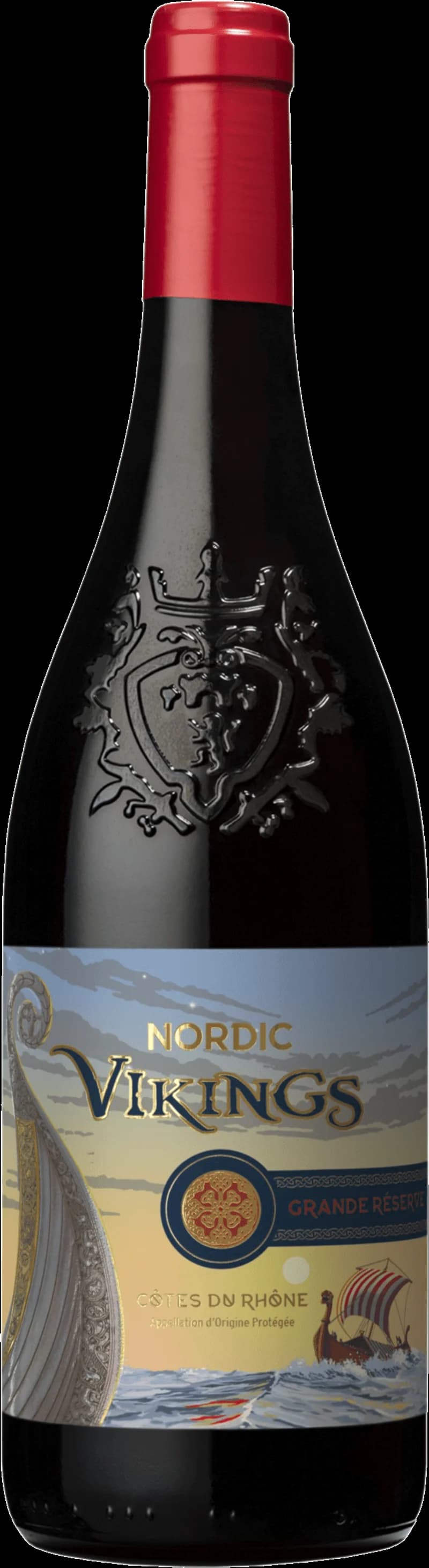 Flaska av Nordic Vikings rött vin på en mörk bakgrund.