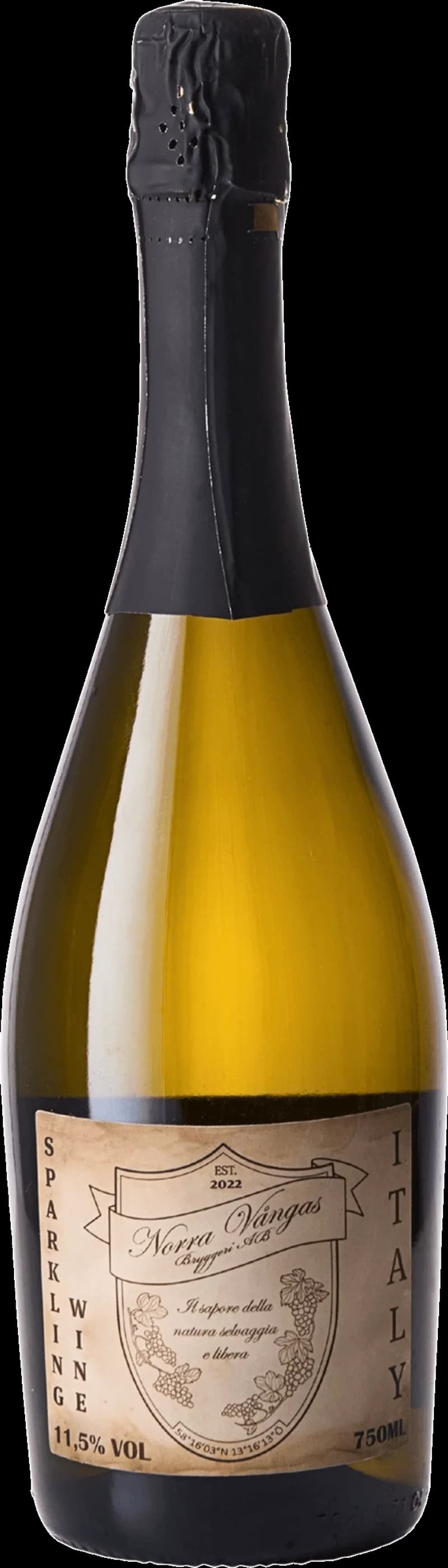 Flaska från Norra Vångas Bryggeri med mousserande vin.