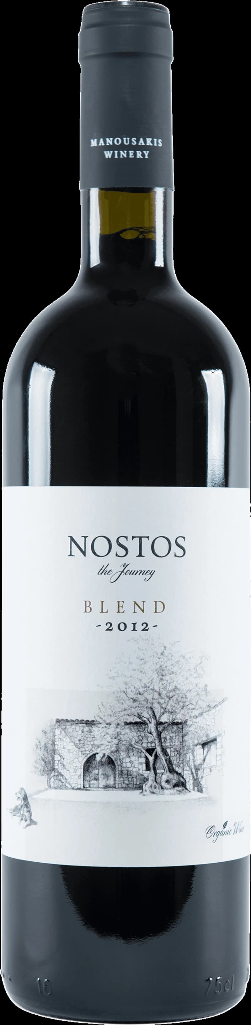 Flaska med Nostos rött vin på en bordsservering.