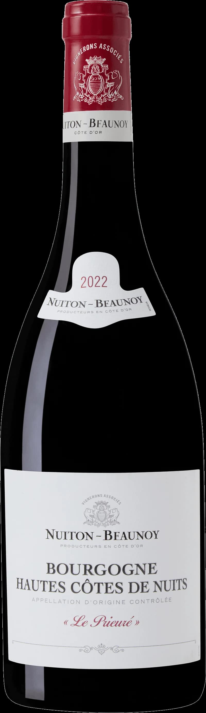 Flaska av rött vin från Nuiton Beaunoy mot en neutral bakgrund.