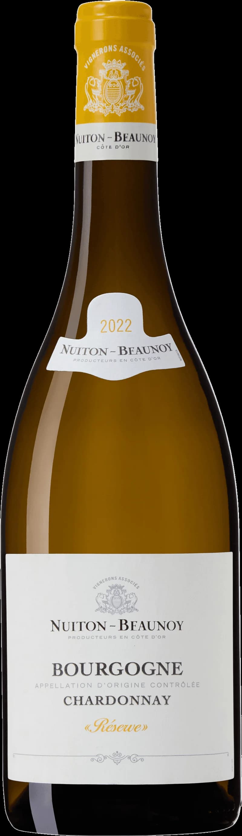 Flaska av vitt vin från Nuiton Beaunoy mot ljus bakgrund
