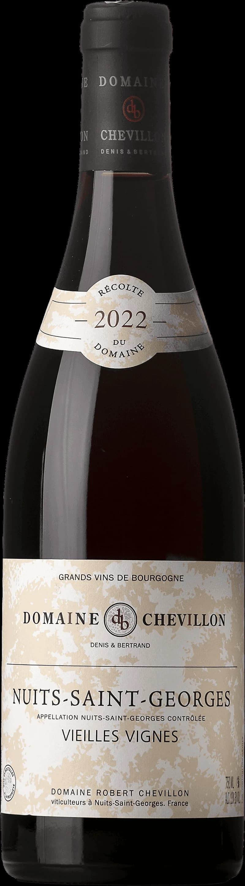 Flaska med Nuits-Saint-Georges Vieilles Vignes rött vin från Bourgogne.