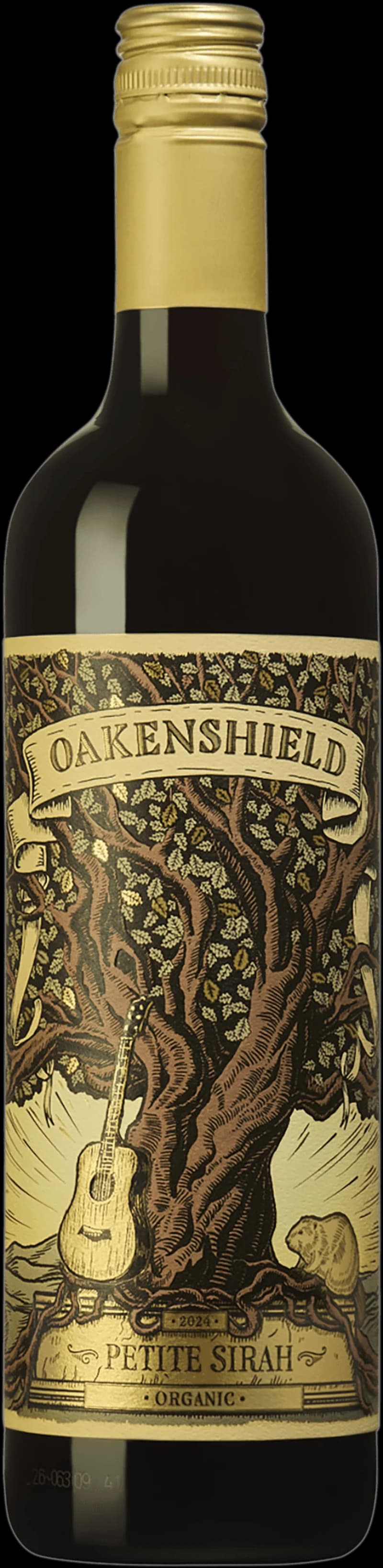 Flaska av rött vin Oakenshield på en träyta