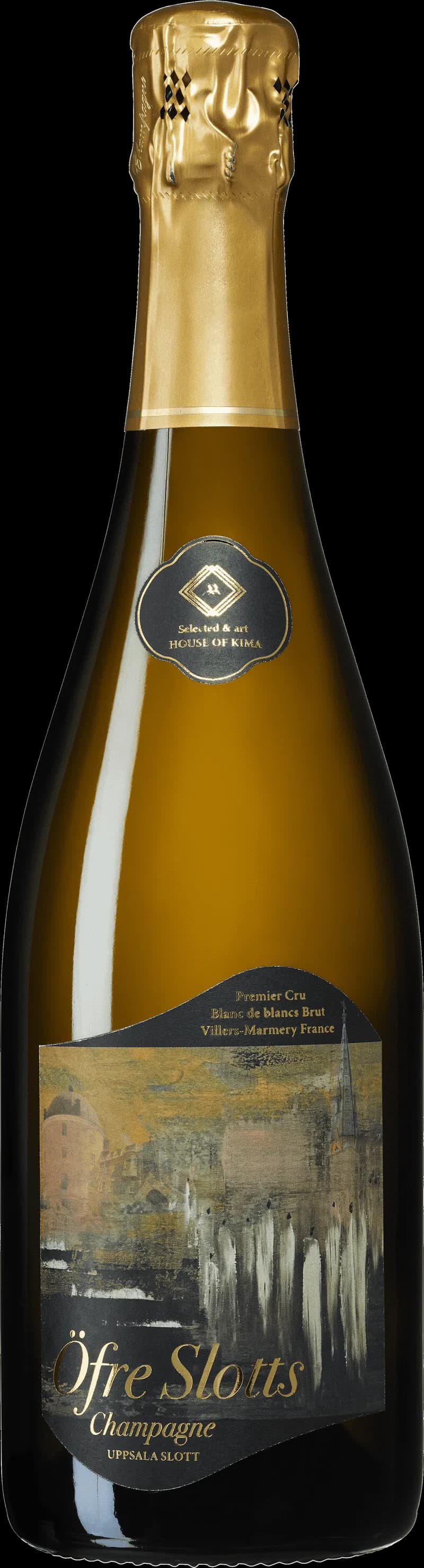 Flaska med Öfre Slotts mousserande vin mot en neutral bakgrund.
