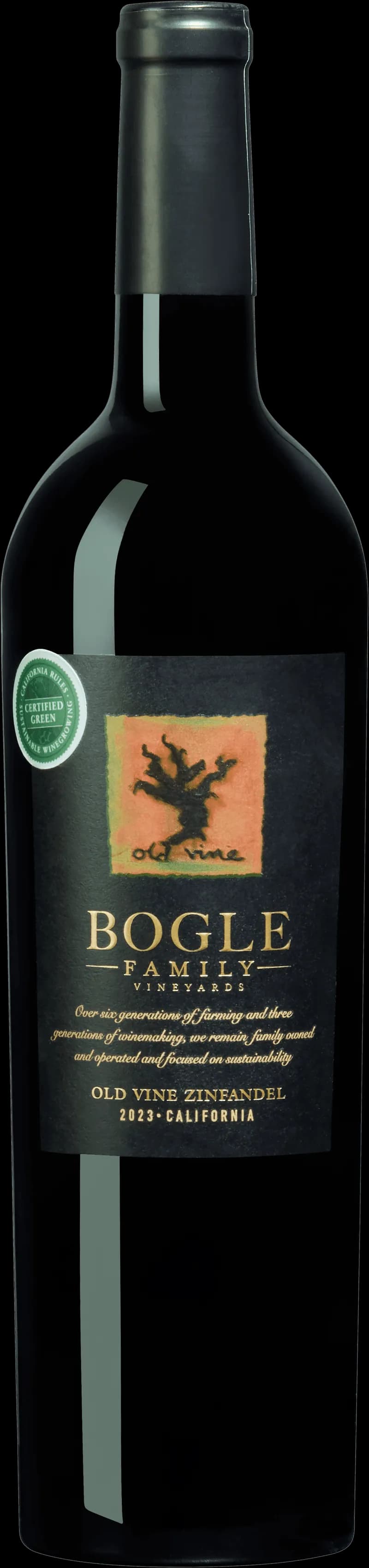 Flaska av rött vin Old Vine Zinfandel mot neutral bakgrund.