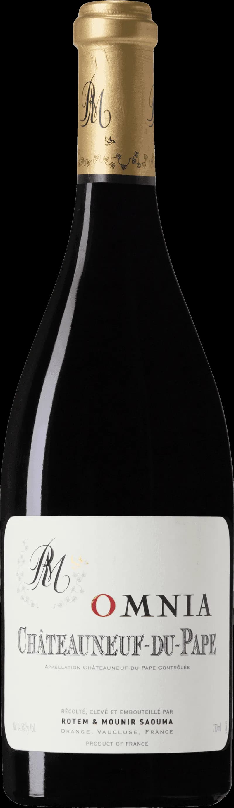 Flaska Omnia Châteauneuf-du-Pape rött vin mot neutral bakgrund