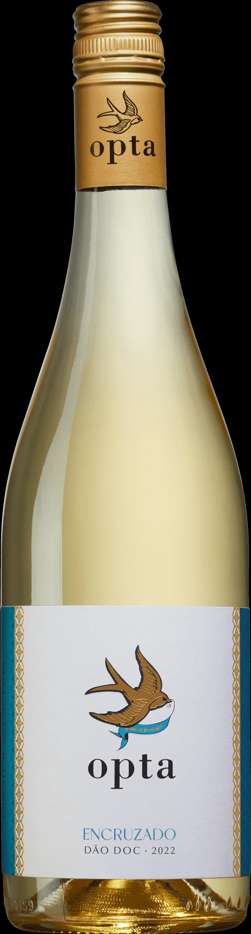 Flaska av Opta Encruzado vitt vin mot ljus bakgrund.