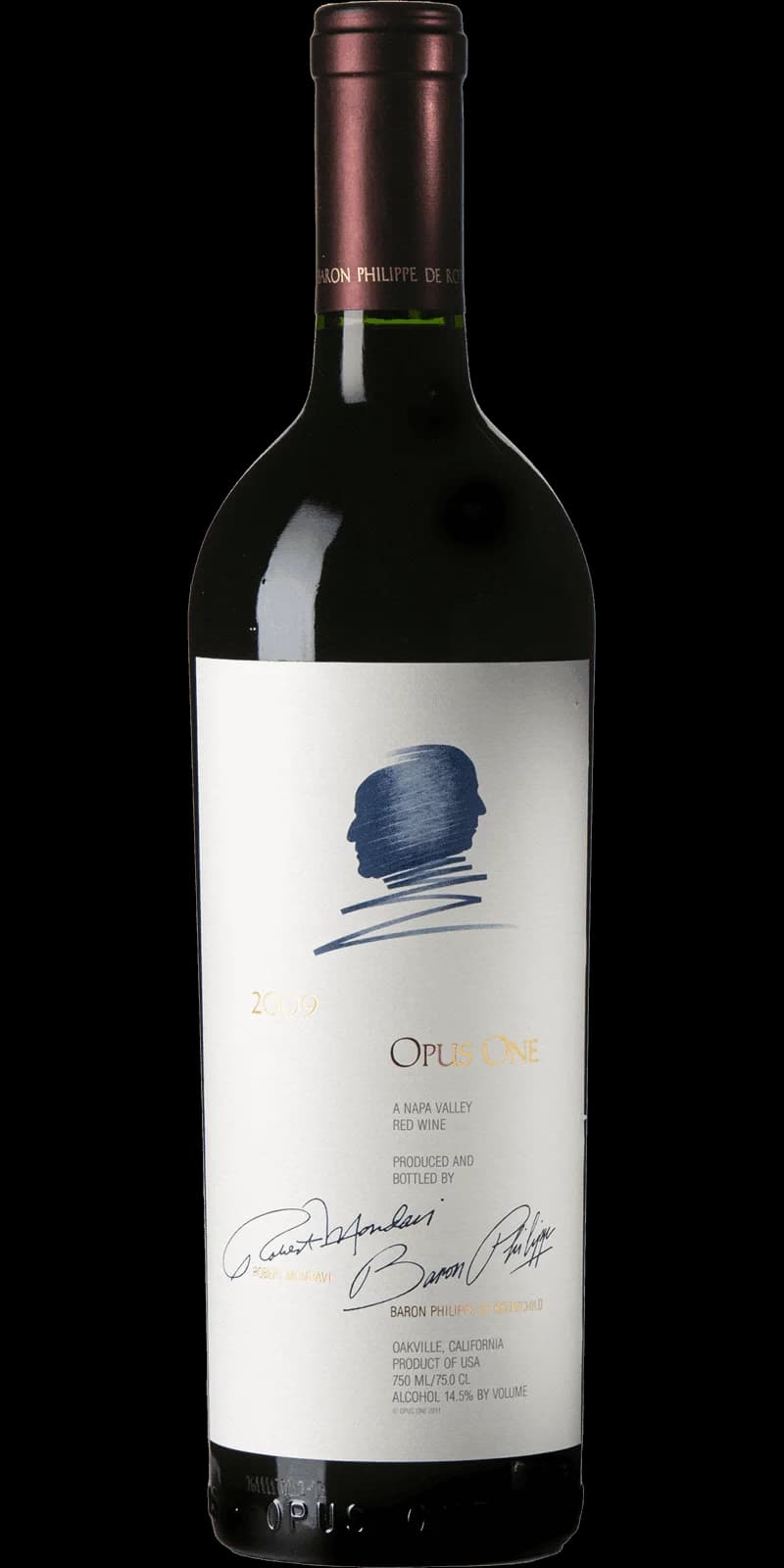 Flaska av Opus One rött vin mot mörk bakgrund