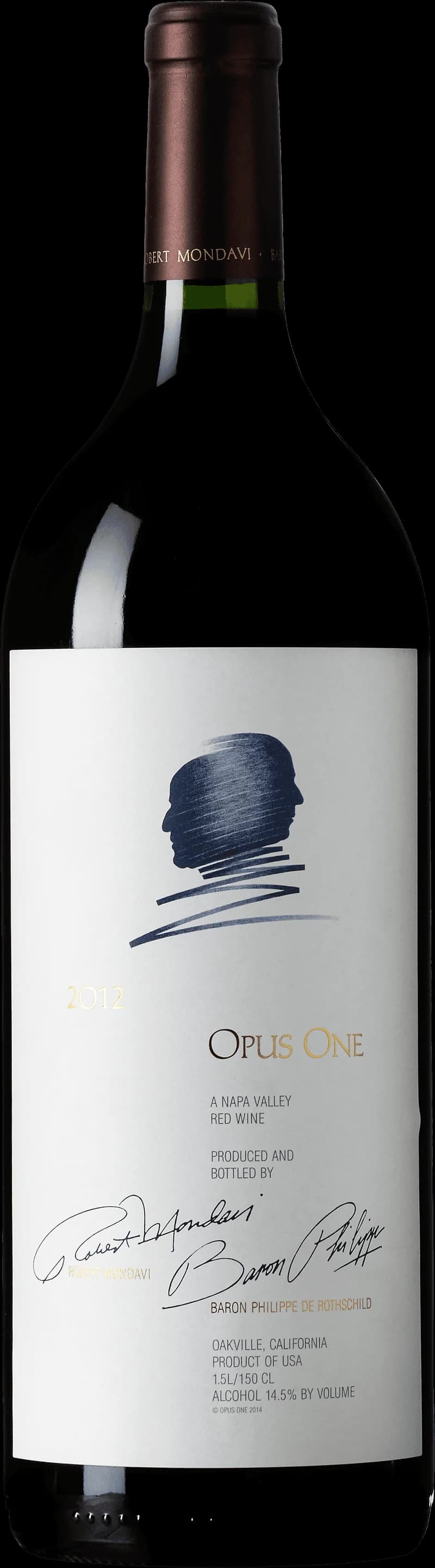 Flaska av rött vin från Opus One, en prestigefylld vinproducent.